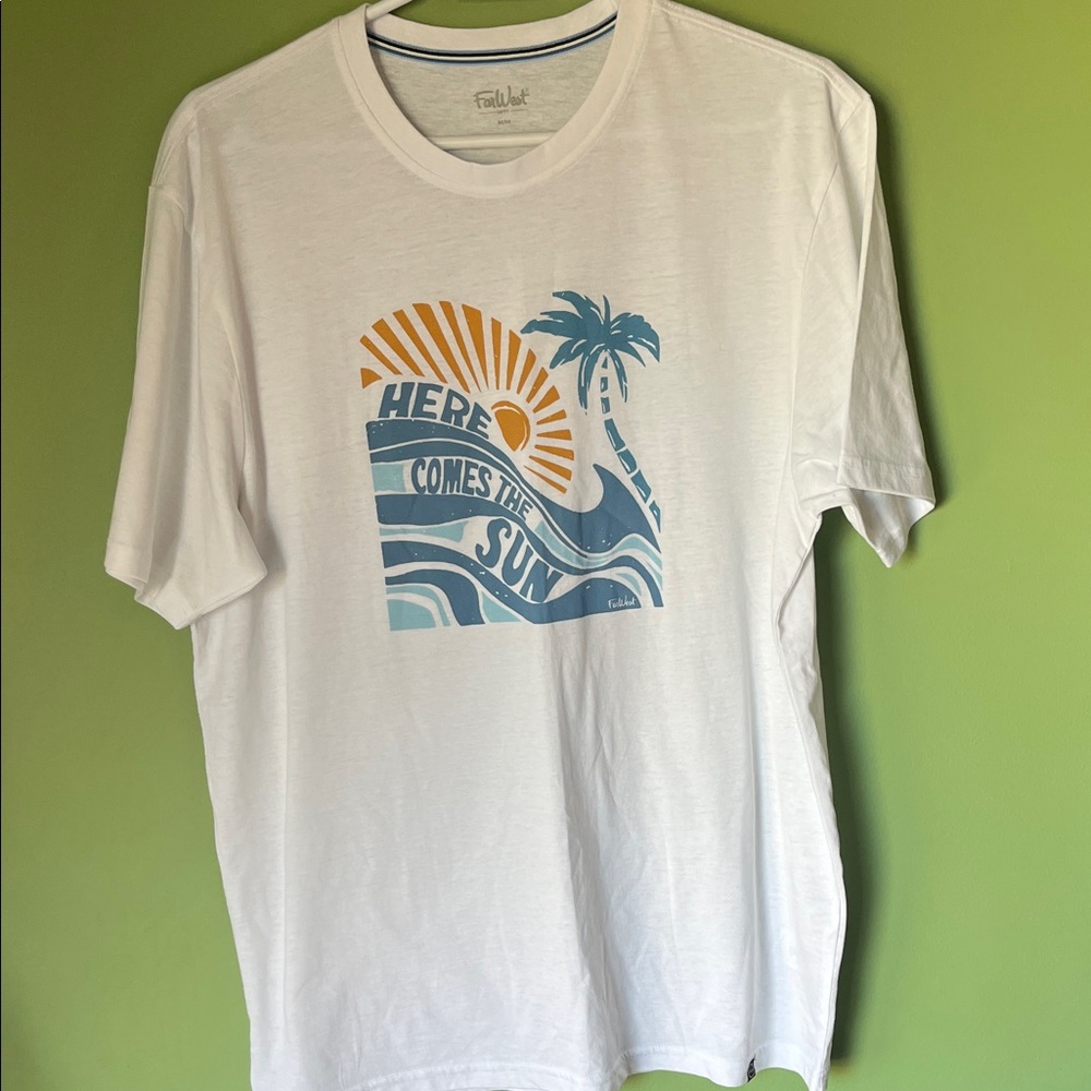 White Tee with Blue Waves and Yellow Sun Graphic